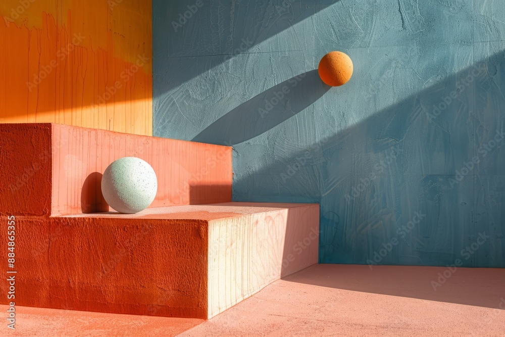Wall mural geometric shapes and lines in pastel hues, creating a minimalist abstract composition.