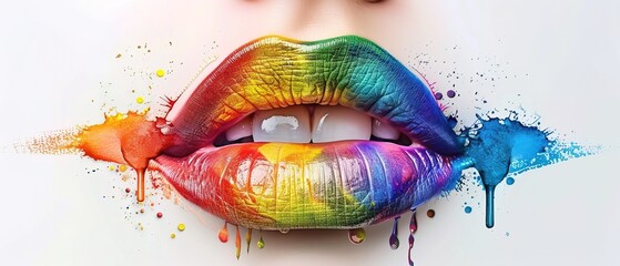 Colorful female lips with paint leaks and drops on white background. Rainbow paint female lips 