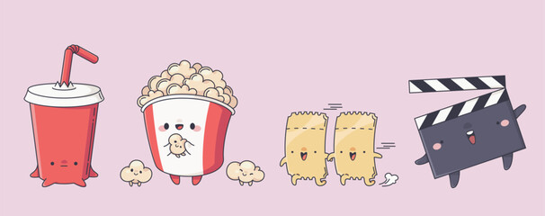 Cute cinema cartoon characters with kawaii style faces. Comic vector illustration set of happy funny movie mascot - paper cup with soda, bucket with popcorn, two ticket friends and film clapper.