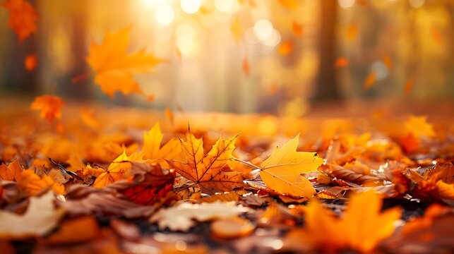 Lively closeup of falling autumn leaves with vibrant backlight from the setting sun