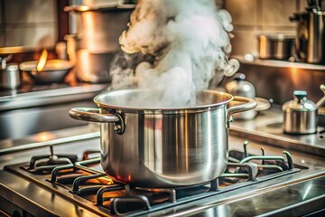 hot steam rise from cooking steel pot on stove