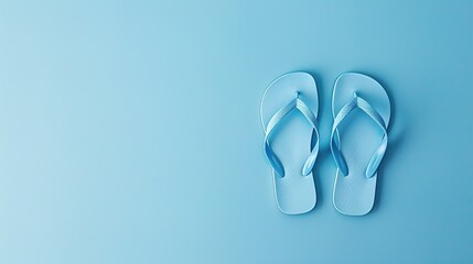 Light blue flip-flops on a matching blue background, minimalistic summer vibe.
