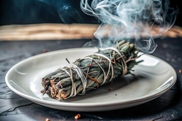 burnt sage bundle on white plate for spiritual cleansing and purification