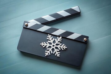 Fototapeta premium snowflake on film clapper board. Winter season movie concept