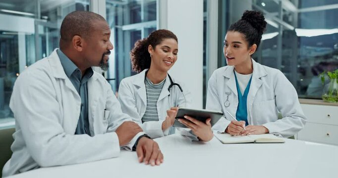 Doctor, x ray and tablet discussion with people, digital diagnosis and conversation for patient results. Medical, research and professionals with chest scan, respiratory healthcare and radiology tech