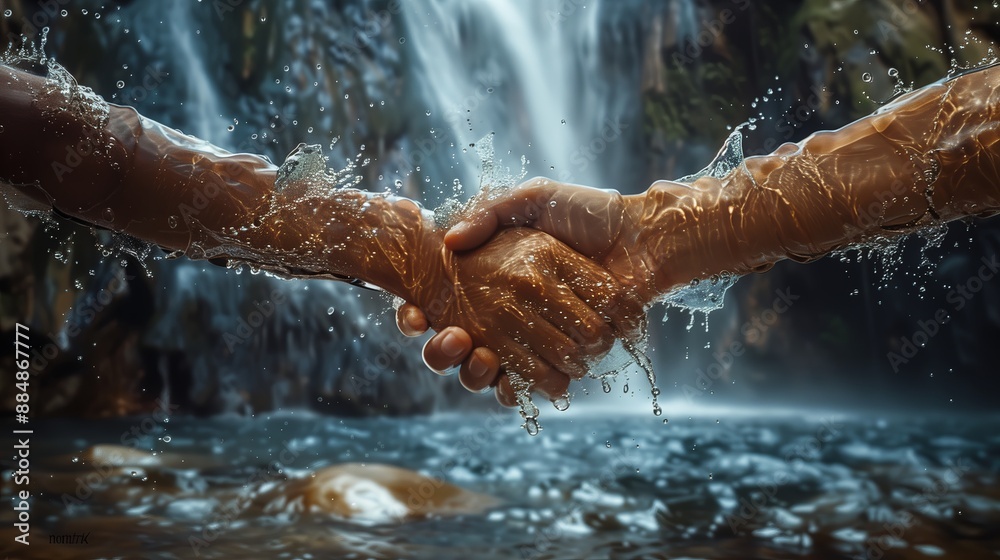 Poster A realistic graph of two hands made of water splashes coming together in a handshake, with the background featuring a misty waterfall, the mist adding a magical atmosphere to