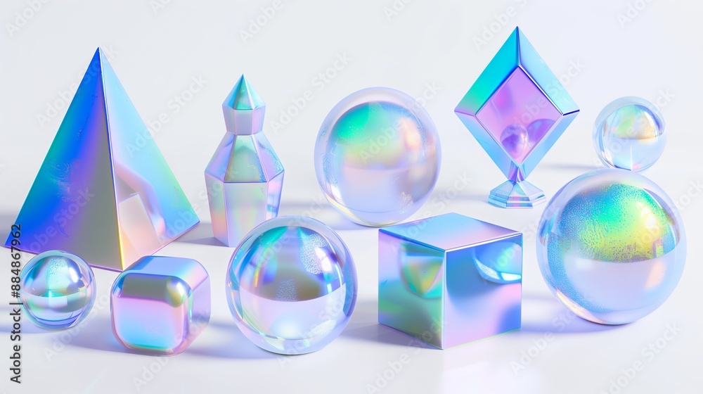 Poster a set of holographic abstract 3d shapes, including spheres, cubes, pyramids, and toruses, each made 