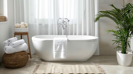 Fototapeta premium A minimalist bathroom with a freestanding solid-colored bathtub, polished chrome fixtures, and soft, fluffy white towels neatly stacked