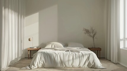 A minimalist bedroom featuring a high-quality linen bedspread, a single solid oak nightstand, and a large, simple window with sheer curtains