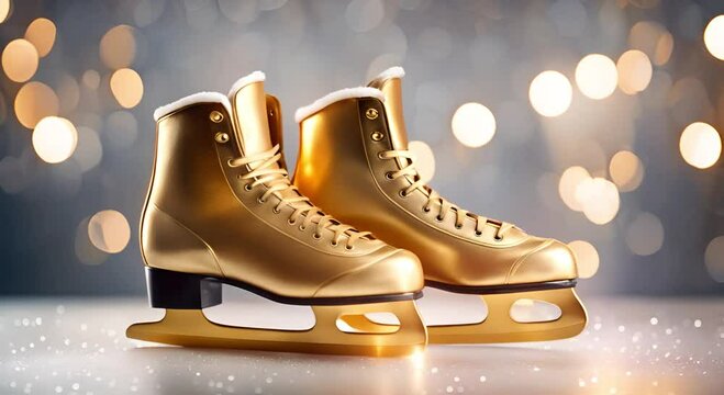 Golden ice skates with bokeh background for winter sports promotions and festive designs. Blue glittering ice skates banner, copy space. Winter sports and activity concept, figure ice skating