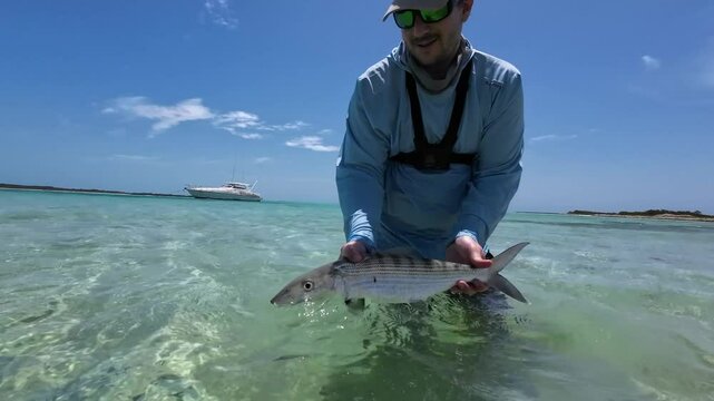 Person showing and releasing a bonefish in crystal clear shallow waters with a boat in the background
