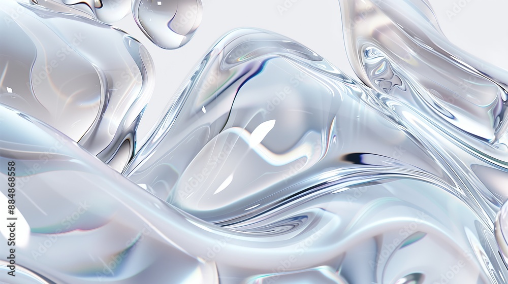 Poster an assortment of liquid 3d shapes, such as rippling waves, suspended droplets, and flowing streams, 