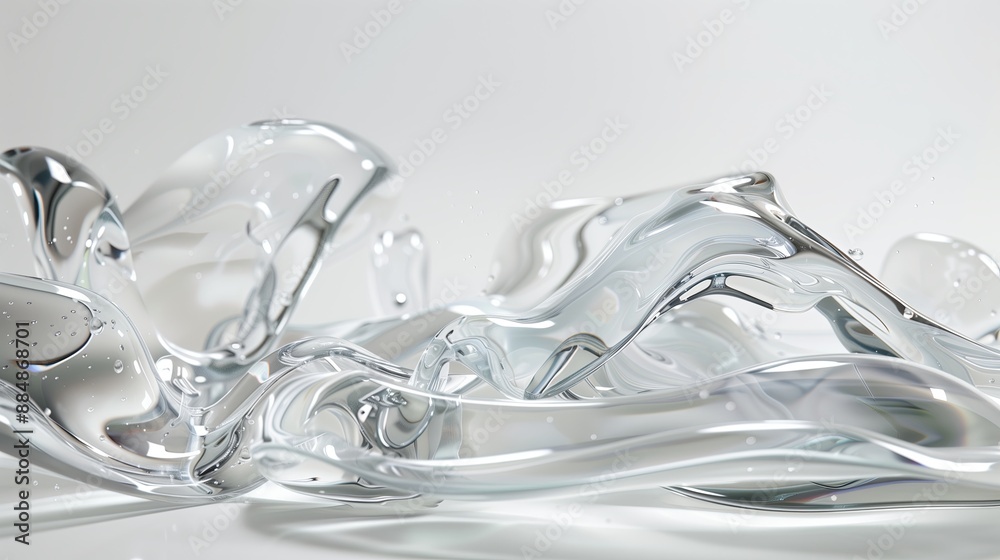 Poster an assortment of liquid 3d shapes, such as rippling waves, suspended droplets, and flowing streams, 