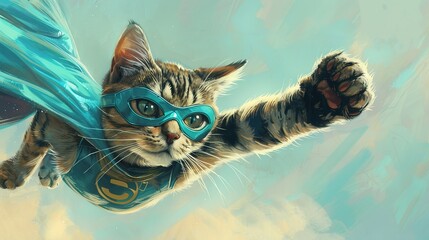 Cat in superhero costume with blue mask and cape