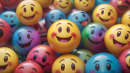 Many yellow balls with smiling faces. Social media and communications concept background