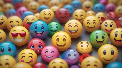 Many yellow balls with smiling faces. Social media and communications concept background