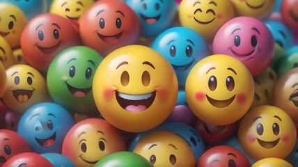 Many yellow balls with smiling faces. Social media and communications concept background