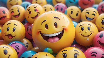 Obraz premium Many yellow balls with smiling faces. Social media and communications concept background