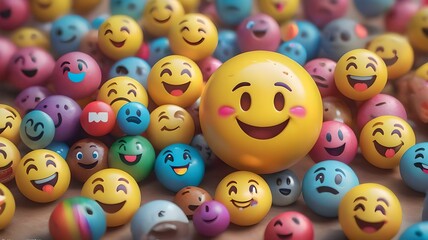 Many yellow balls with smiling faces. Social media and communications concept background