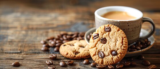 Fototapeta premium Coffee time with cookies and fresh beans on wooden background
