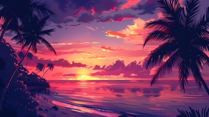 Sunset Beach with Palm Trees