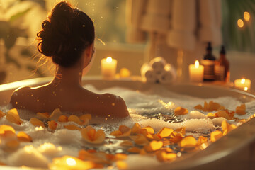 A cozy bathroom setting with a luxurious, steaming bathtub filled with bubbles and flower petals. Candles are lit around the tub, and a person is seen relaxing with a face mask on, enjoying a moment o