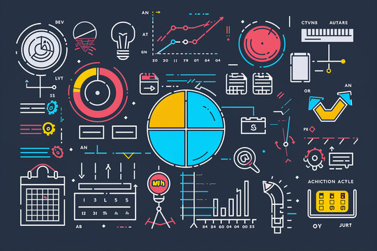 a detailed blueprint diagram illustrating the concept of SMART goals (Specific, Measurable, Achievable, Relevant, Time-bound). Each section should be visually distinct with vibrant colors and labeled 