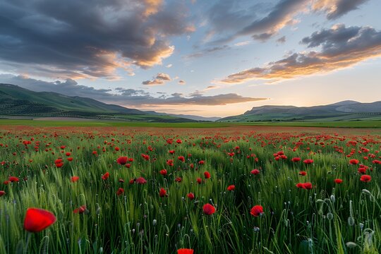 Beautiful poppy field at sunset in the Spanish countryside, landscape photography, beautiful sky, red flowers, green grass, wide angle. --ar 125:83 --v 6.0