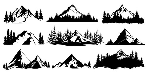 Mountain silhouette with fir tree or pine forest landscape isolated on white background. Vintage mountain silhouette pattern for travel and adventure business. Mountain forest camping or hiking symbol