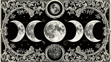   Black and white illustration portrays lunar phases featuring human face