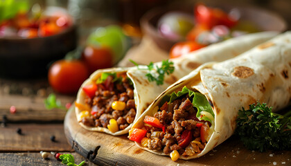 Burritos wraps with minced beef and vegetables on a wooden background
