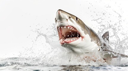 A dramatic of a tiger shark in mid-attack, its mouth wide open revealing sharp teeth, set against a stark white background. The shark's powerful body is captured in motion,