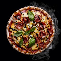  Restaurant pizzeria menu with delicious taste seafood pizza and slice, mozzarella cheese photo