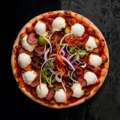  Restaurant pizzeria menu with delicious taste seafood pizza and slice, mozzarella cheese photo