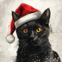 Black cat, Santa hat, festive Christmas background, Watercolor style