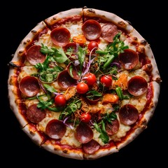  Restaurant pizzeria menu with delicious taste seafood pizza and slice, mozzarella cheese photo