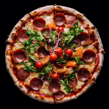  Restaurant pizzeria menu with delicious taste seafood pizza and slice, mozzarella cheese photo
