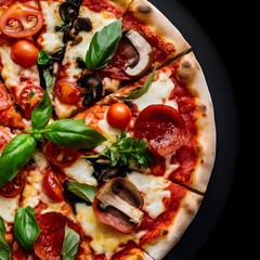  Restaurant pizzeria menu with delicious taste seafood pizza and slice, mozzarella cheese photo