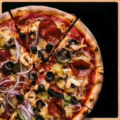  Restaurant pizzeria menu with delicious taste seafood pizza and slice, mozzarella cheese photo