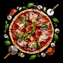  Restaurant pizzeria menu with delicious taste seafood pizza and slice, mozzarella cheese photo
