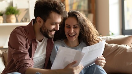 Happy satisfied lovely young couple reading legal document, financial report, paper insurance agreement, getting good news, investment income. Image of lovely couple.