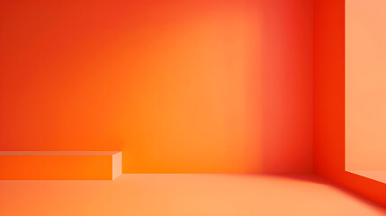 A room with an orange wall and a white bench. The room is empty and has a minimalist feel