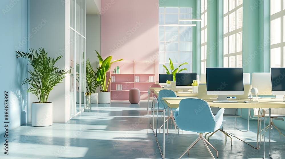 Poster a realistic of a modern office interior designed in pastel tones. the office features sleek desks wi