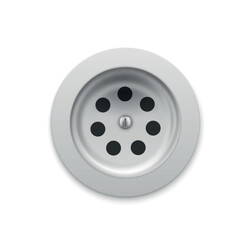 Drain hole for sink and bathtub metal drainage grate top view realistic vector illustration