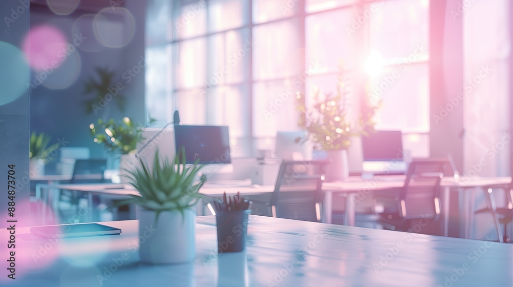Poster a realistic of a stylish modern office in pastel tones, featuring elegant desks with the latest comp
