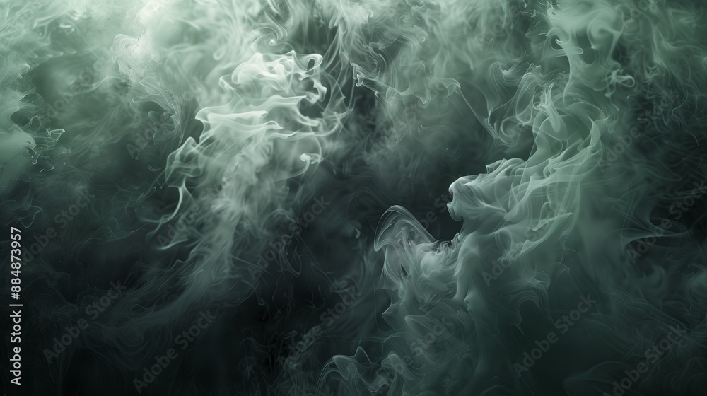 Poster a realistic of smoke clouds dramatically illuminated in shades of gray and green on an abstract back