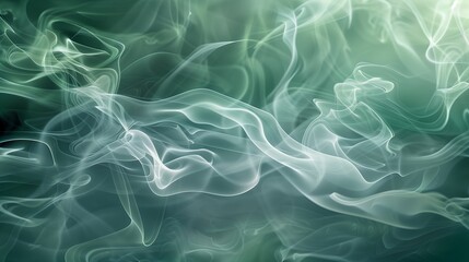 A realistic of smoke clouds dramatically illuminated in shades of gray and green on an abstract background. The smoke swirls and twists with vibrant highlights of light,