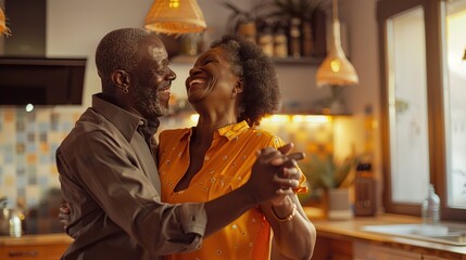 Joyful loving African senior elegant couple hold hands dancing together in cozy kitchen feel excited, enjoy their happy marriage and eternal love, celebrate anniversary.