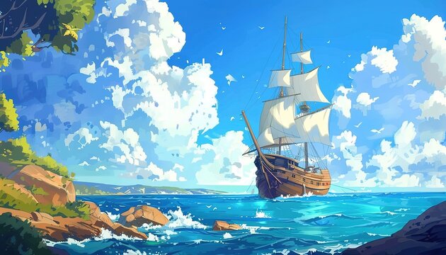 pirate ship on ocean anime cartoon style