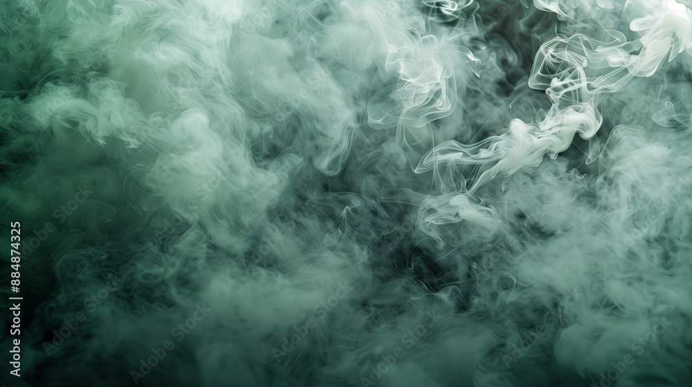 Poster a vibrant capturing dramatic smoke clouds, brilliantly lit in gray and green tones, on an abstract b
